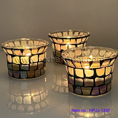 Hand drawn mosaic glass candle jars / Colorful retro glass votive candle holder / European candlestick