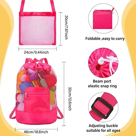 Foldable Beach Mesh Bag Beach Storage Pouch Tote Bag Large Capacity Travel Kids Toy Organizer Net Portable Storage Backpack