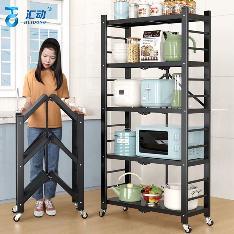 kitchen storage rack Multilayer floor foldable bookshelf microwave oven office movable folding racks steel storage shelf