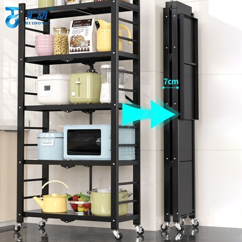 kitchen storage rack Multilayer floor foldable bookshelf microwave oven office movable folding racks steel storage shelf