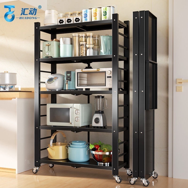 kitchen storage rack Multilayer floor foldable bookshelf microwave oven office movable folding racks steel storage shelf