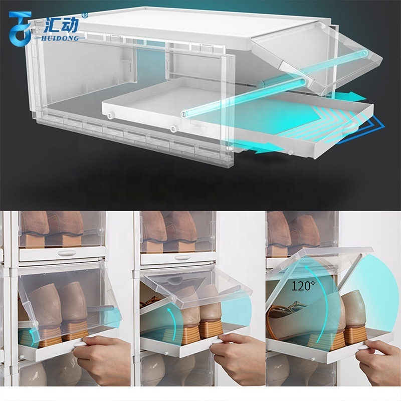 high quality vertical clear drawer shoe box plastic foldable lazy shoe box stackable portable wall shoes display rack