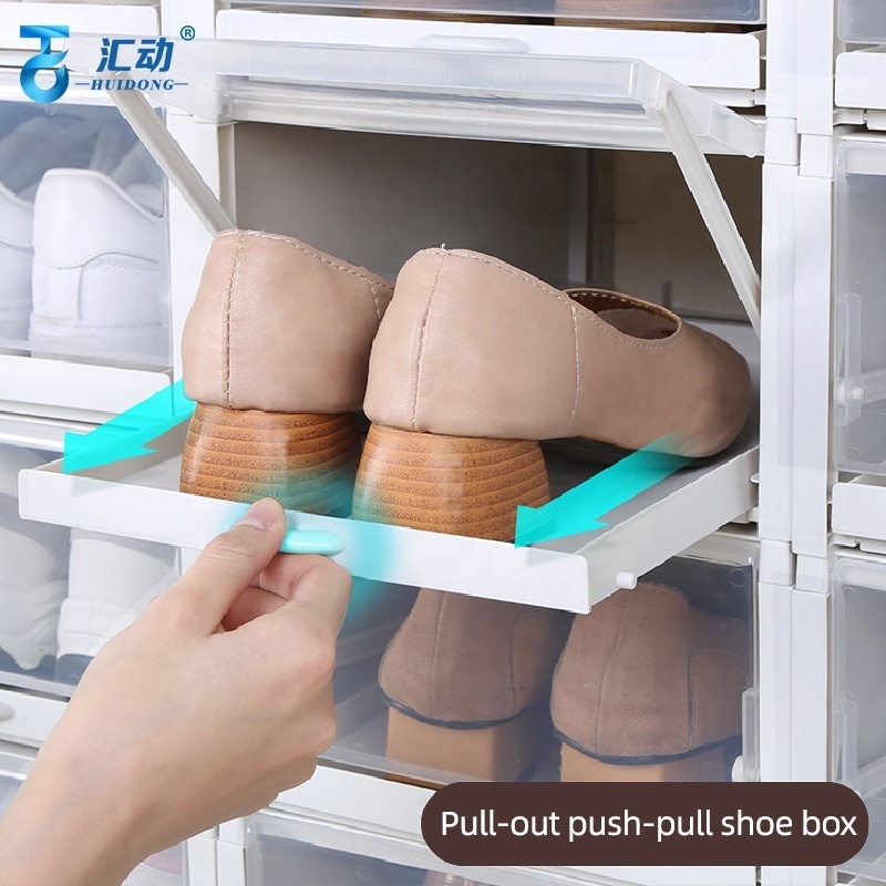 high quality vertical clear drawer shoe box plastic foldable lazy shoe box stackable portable wall shoes display rack