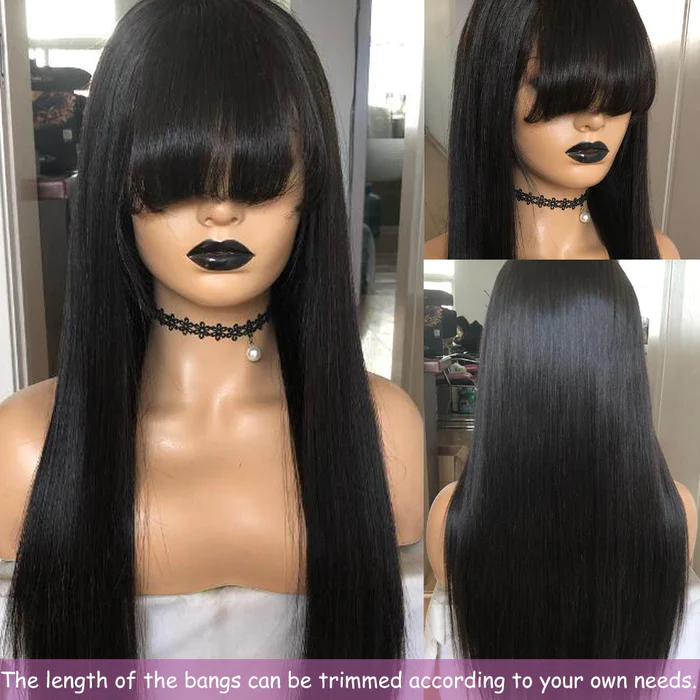 Machine Made Long Black Wig With Bangs,Sdd Vietnam Bone Straight Hair Wig For Women,100 Brazilian Full Fringe Human Hair Wigs