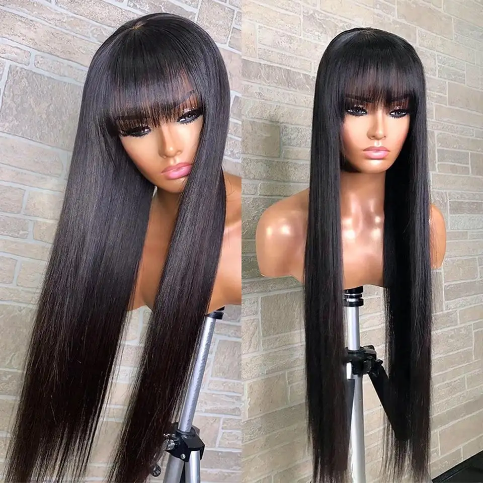 Machine Made Long Black Wig With Bangs,Sdd Vietnam Bone Straight Hair Wig For Women,100 Brazilian Full Fringe Human Hair Wigs