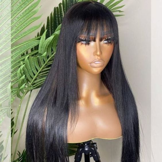 Machine Made Long Black Wig With Bangs,Sdd Vietnam Bone Straight Hair Wig For Women,100 Brazilian Full Fringe Human Hair Wigs