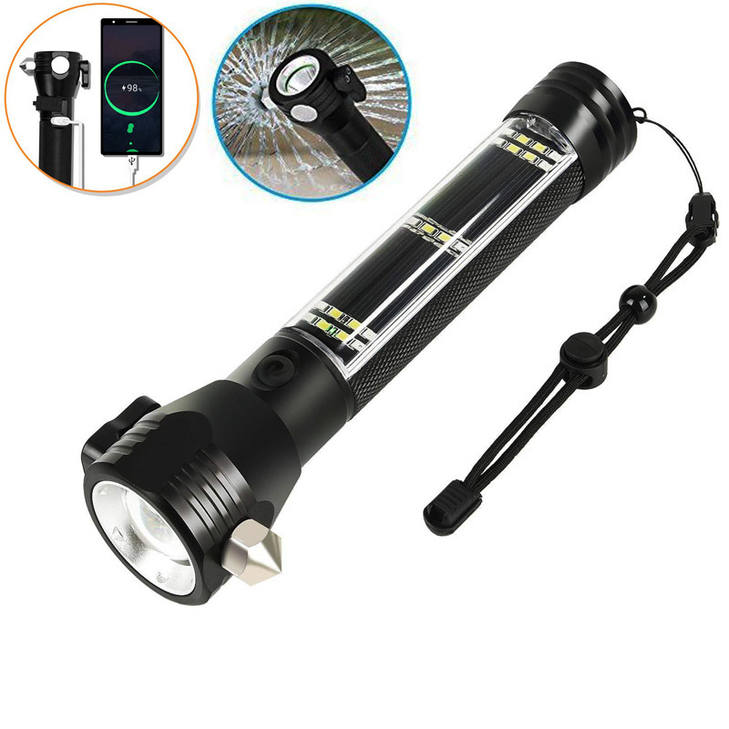 Solar Powered LED Flashlight Multi-Function Solar Torch Car Escape Rescue Flashlight with Hammer