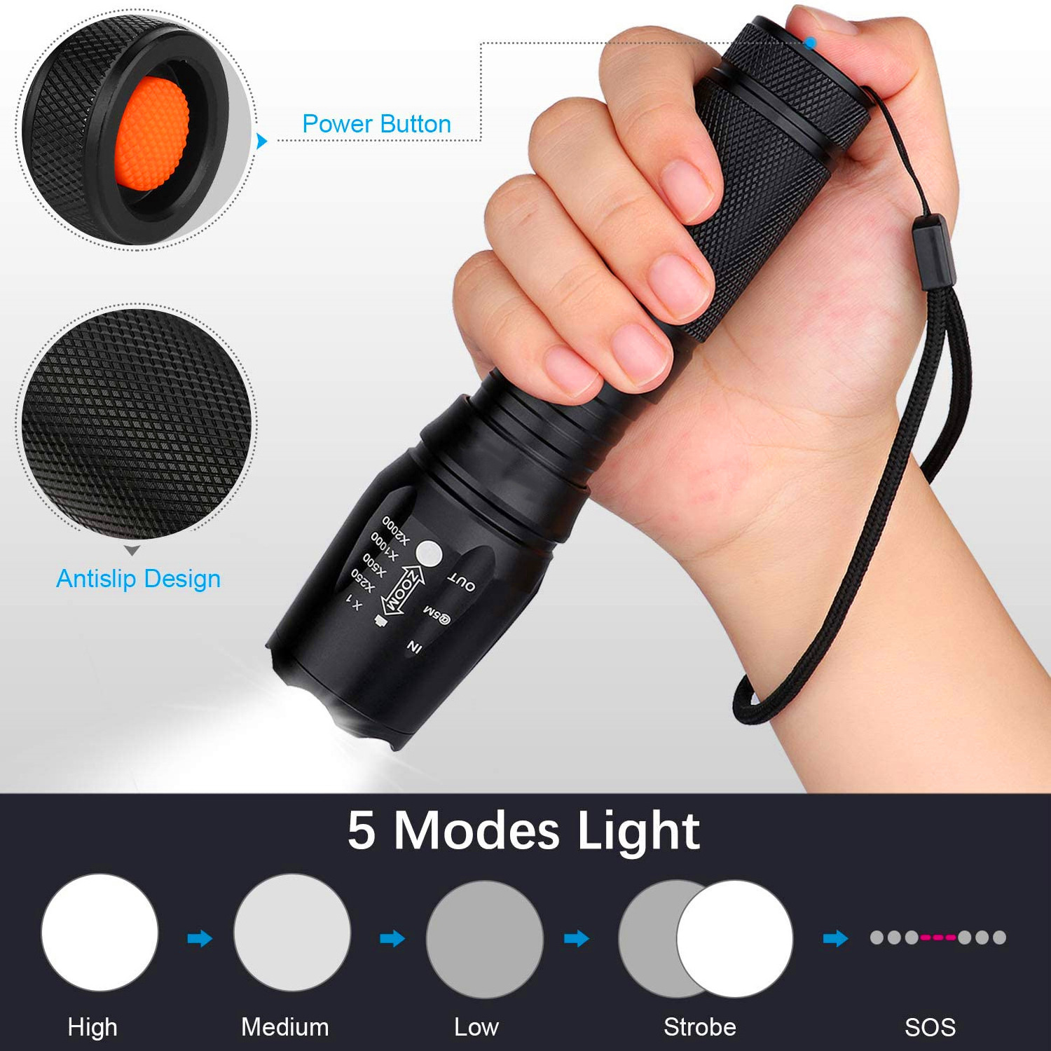 Hand LED Torch Light, Outdoor 1200 Lumen XML T6 Waterproof LED Zoomable Tactical Self Defensive Camping Flashlight