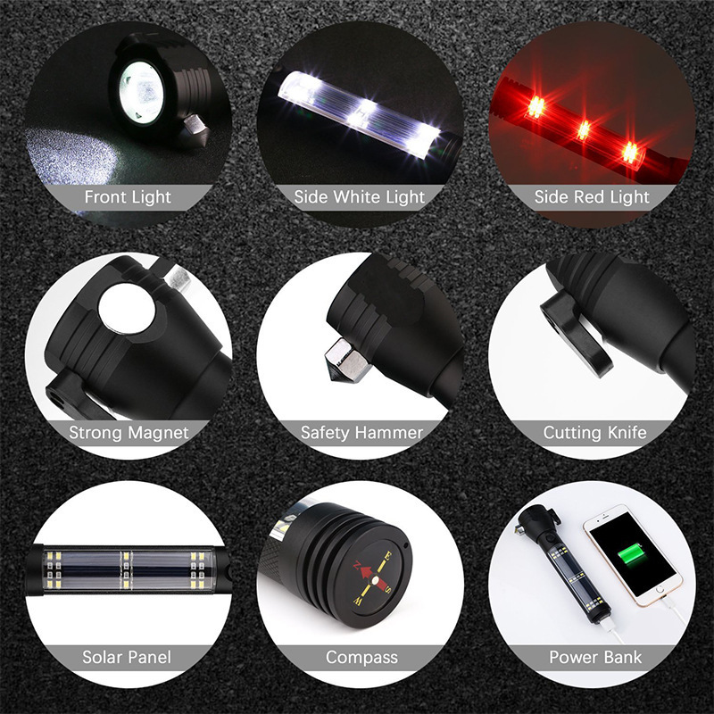 Solar Powered LED Flashlight Multi-Function Solar Torch Car Escape Rescue Flashlight with Hammer