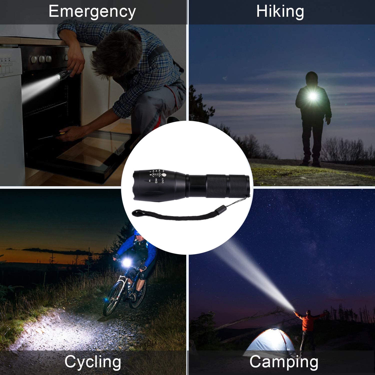 Hand LED Torch Light, Outdoor 1200 Lumen XML T6 Waterproof LED Zoomable Tactical Self Defensive Camping Flashlight