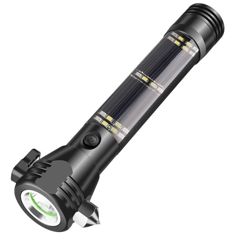 Solar Powered LED Flashlight Multi-Function Solar Torch Car Escape Rescue Flashlight with Hammer