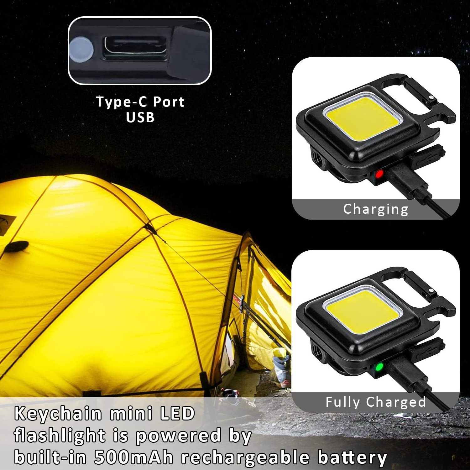 COB Work Light Keychain Flashlights 3 Light Modes Emergency Light with Folding Bracket Bottle Opener and Magnet Base