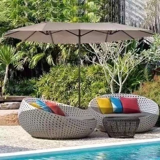 2023 Customize logo Wooden Pole Canvas Waterproof Patio Swimming Pool Garden Wooden Beach  Sun Outdoor Umbrella With Tassels