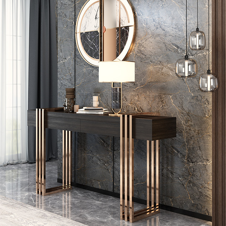 Luxury Metal Art Designer Hotel Hall Stainless Steel Entryway Living room Corner Wood Console table with Mirror