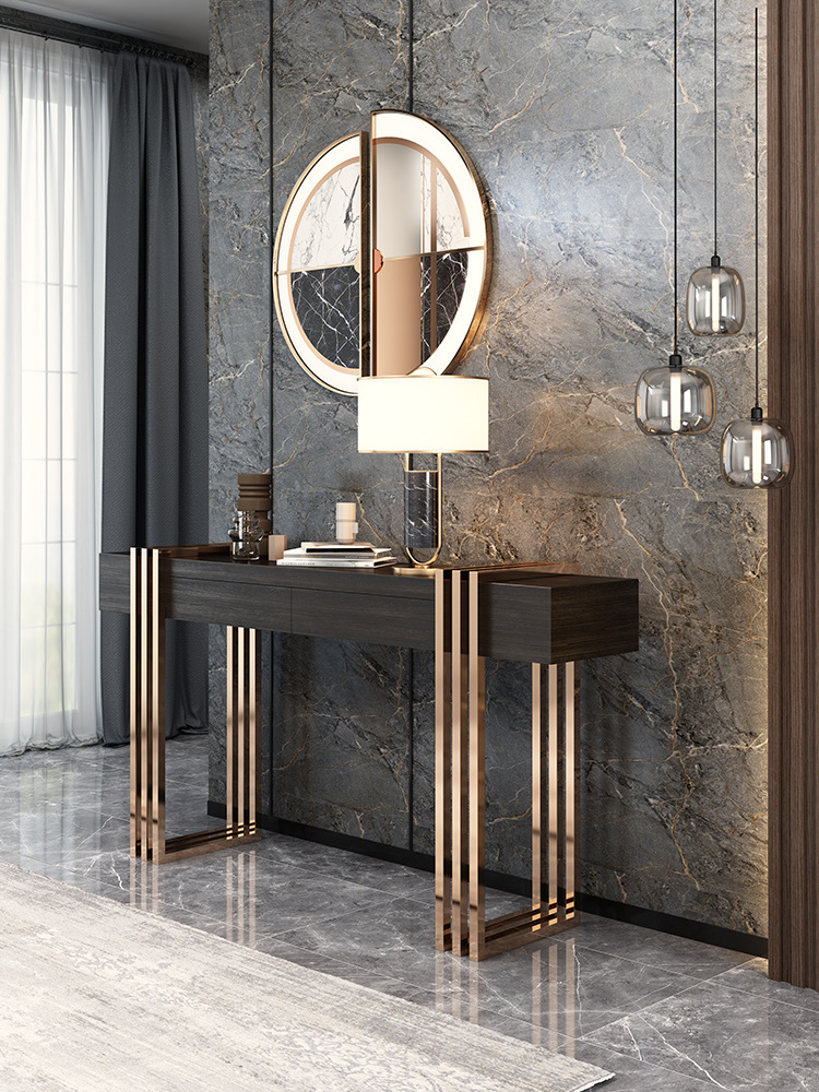 Luxury Metal Art Designer Hotel Hall Stainless Steel Entryway Living room Corner Wood Console table with Mirror