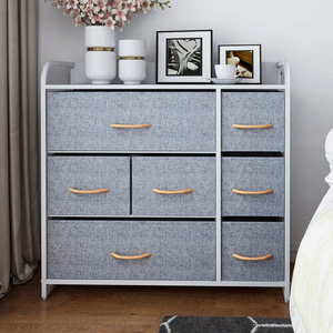 large modern grey fabric chest of storage with 7 drawers tower unit of bedroom dresser