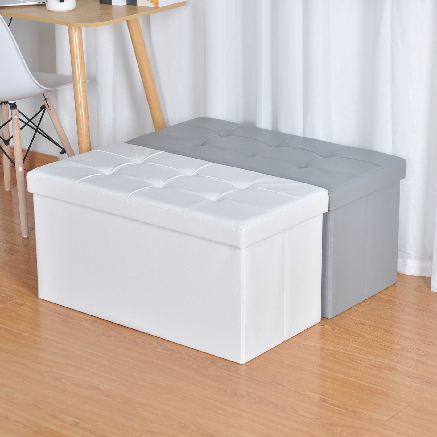 modern white leather storage foldable foot rest stool rectangle ottoman bench seat space saving living room