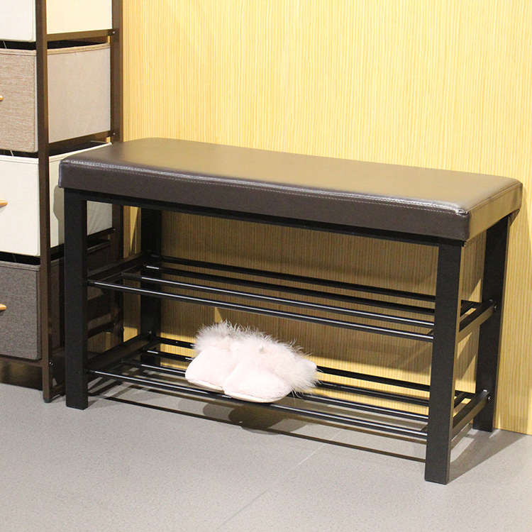 Customized PVC Leather Hallway Metal Steel Shoe Rack Seating Double Size Bench Living Room Sofa