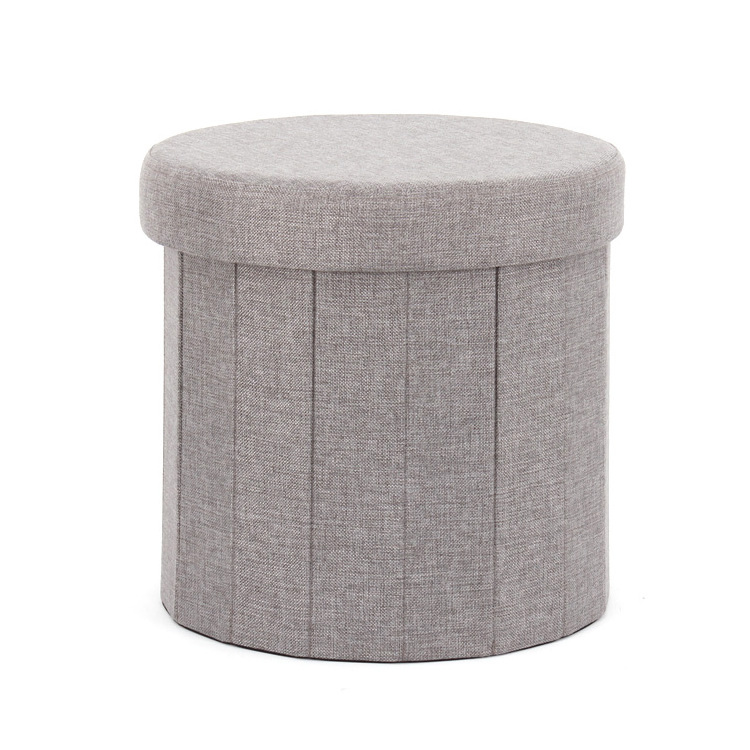 modern style decorative foldable grey fabric round folding storage box ottoman footrest stool