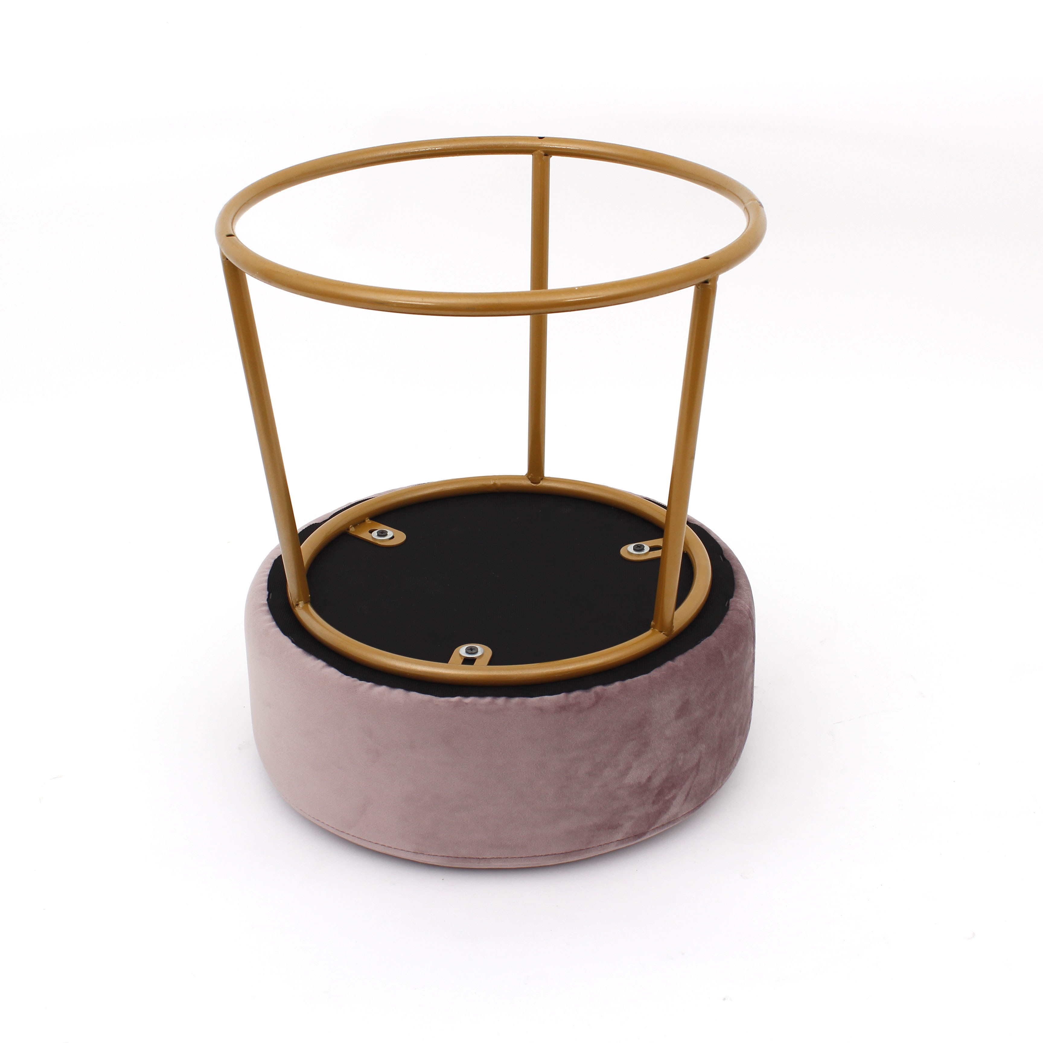 Customized pink fabric velvet stool chairs and soft ottoman shoe stool with gold matel base