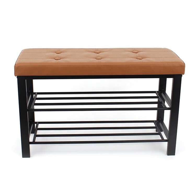 Customized modern and practical metal Fabric shoe stool Shelves Storage Bench With buttons for living room