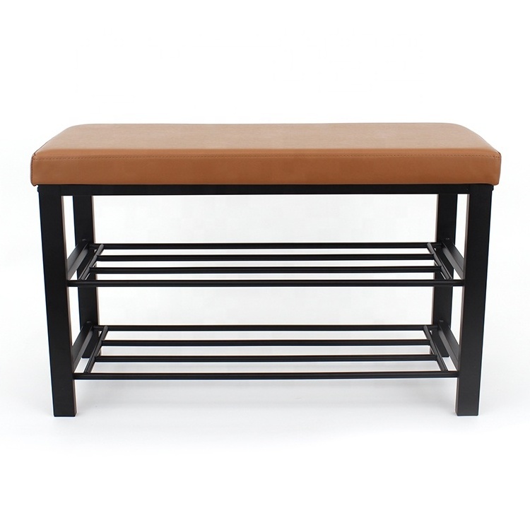 modern brown leather metal double-deck shoe rack storage organizer bench chair for home