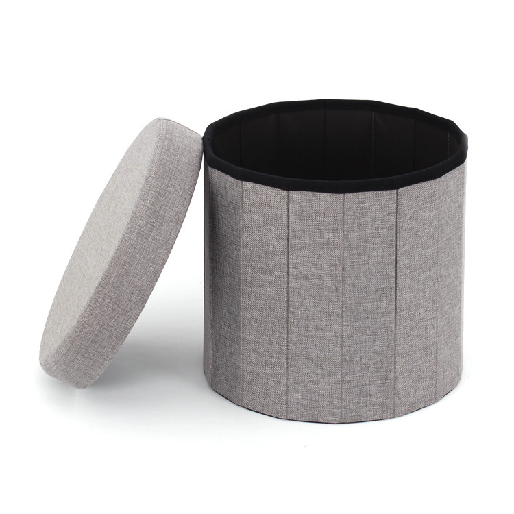 modern style decorative foldable grey fabric round folding storage box ottoman footrest stool