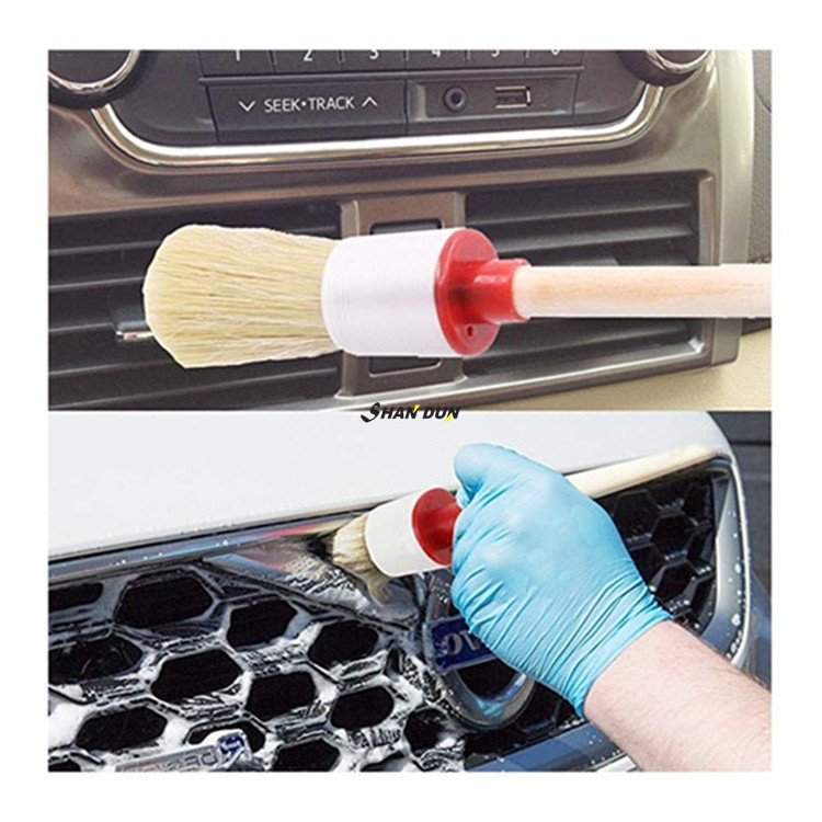 5 Pcs Premium Natural Boar Hair Car Wash Detail Brush Set, Automotive Wood handle Detailing Brushes for car  Cleaning