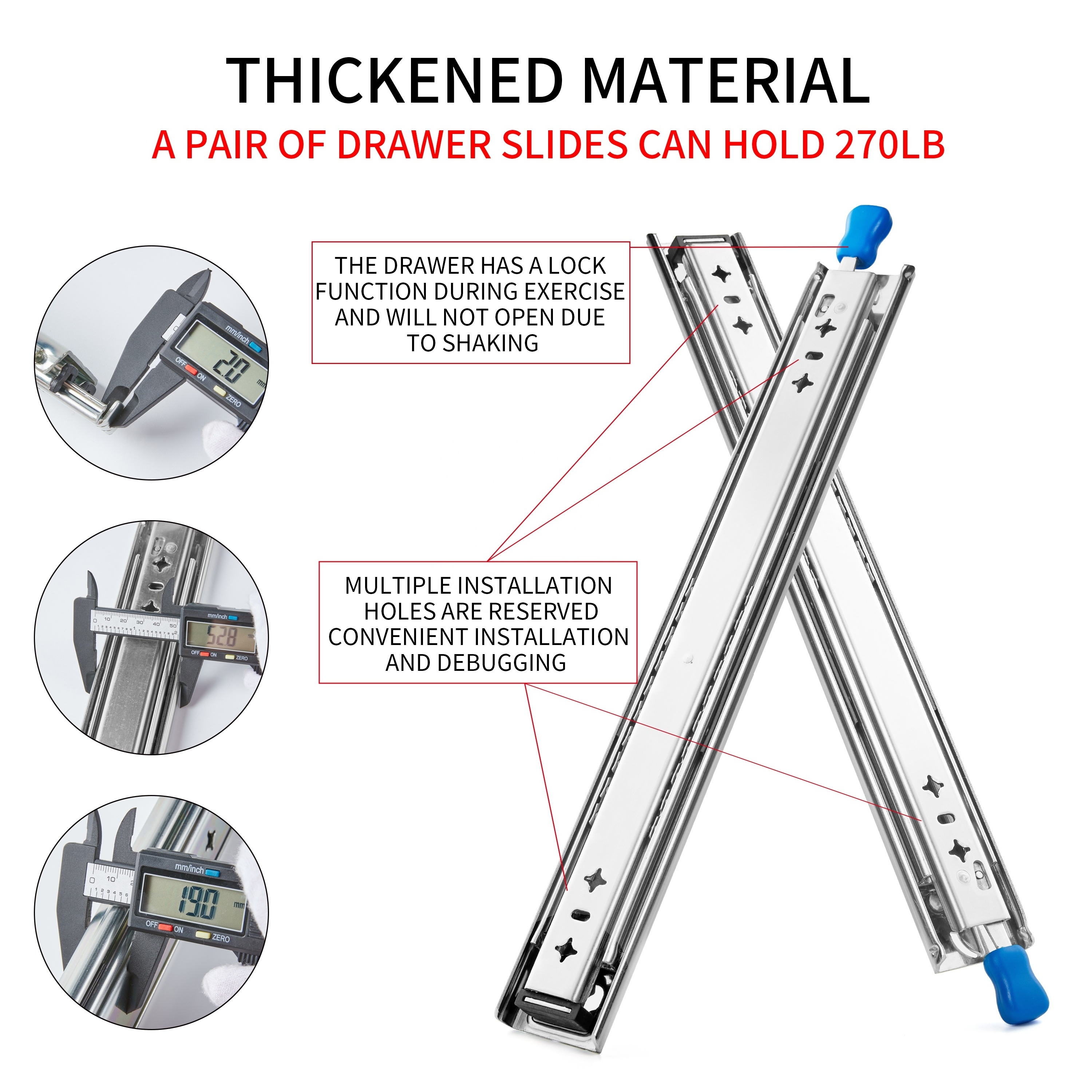 SNEIDA Triple Extension Ball Bearing Furniture Hardware Camper Loads 500LB Heavy Duty Locking Drawer Slides