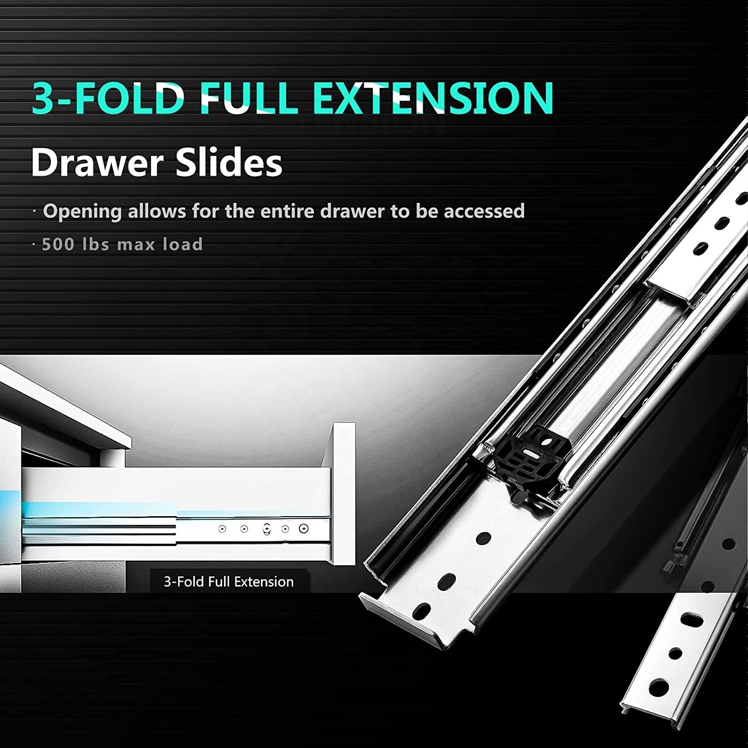 SNEIDA 60inch 76mm 500LBS Hardware Heavy Duty Drawer Slides 100%Extension Runner for Drawer Telescopic Slides for RV VAN