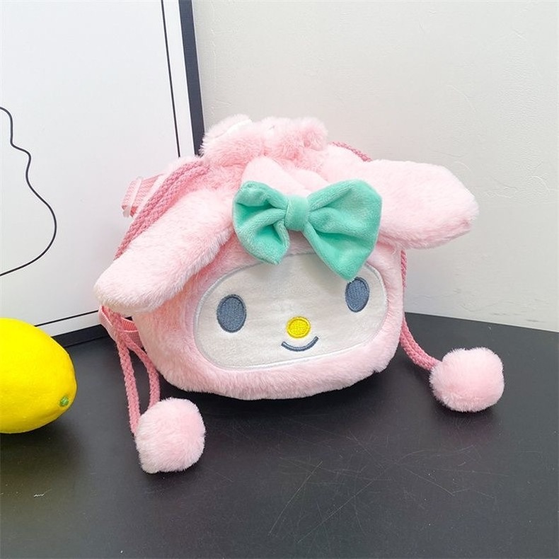 2023 New Japanese Cute Cartoon Rabbit Plush Bucket Bag Girl Bundle Pocket Bag Anime Kuromi Drawstring Plush Shoulder Bag