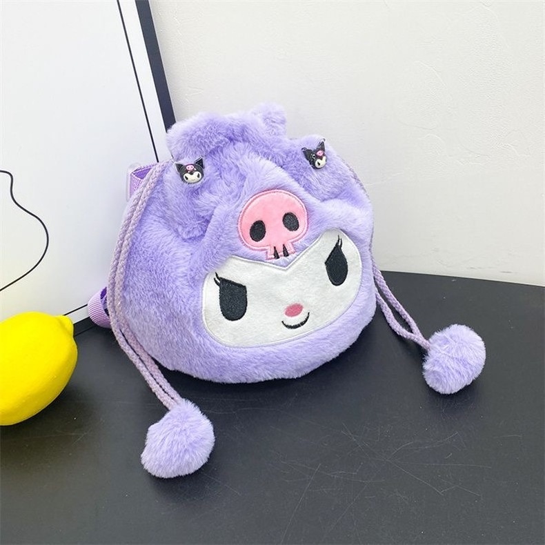 2023 New Japanese Cute Cartoon Rabbit Plush Bucket Bag Girl Bundle Pocket Bag Anime Kuromi Drawstring Plush Shoulder Bag