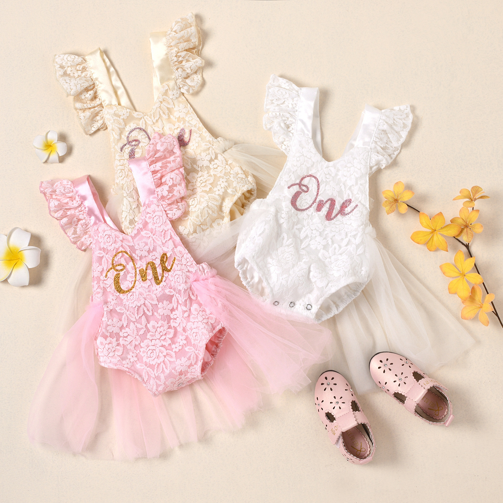 2024 Newborn Baby Girls First Birthday Outfit Backless Tutu Dress Bodysuit Glitter One Print Flutter Sleeve Lace Floral Romper