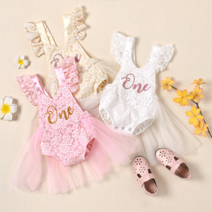 2024 Newborn Baby Girls First Birthday Outfit Backless Tutu Dress Bodysuit Glitter One Print Flutter Sleeve Lace Floral Romper