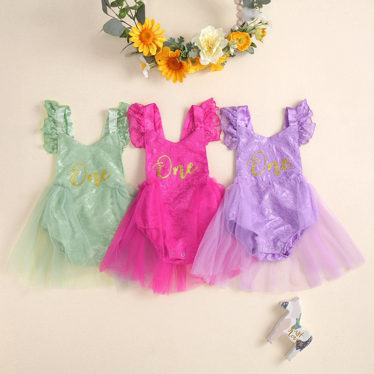 2024 Newborn Baby Girls First Birthday Outfit Backless Tutu Dress Bodysuit Glitter One Print Flutter Sleeve Lace Floral Romper