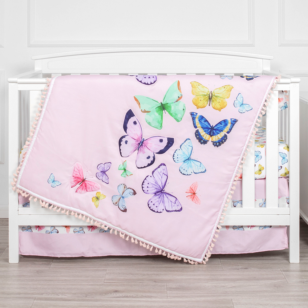 Cartoon Animal Purple Butterfly Baby Cot Sets Cotton Baby Girl Crib Bedding Set