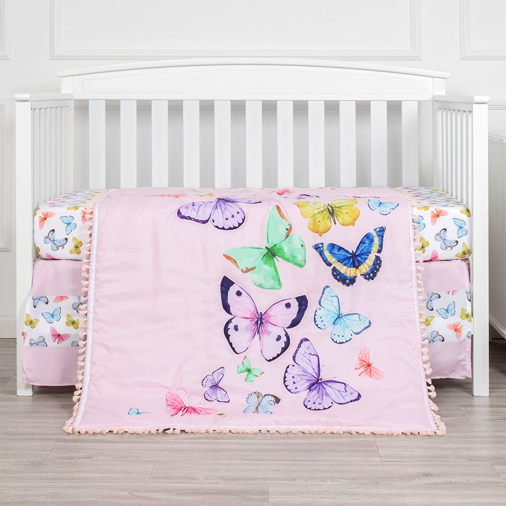 Cartoon Animal Purple Butterfly Baby Cot Sets Cotton Baby Girl Crib Bedding Set