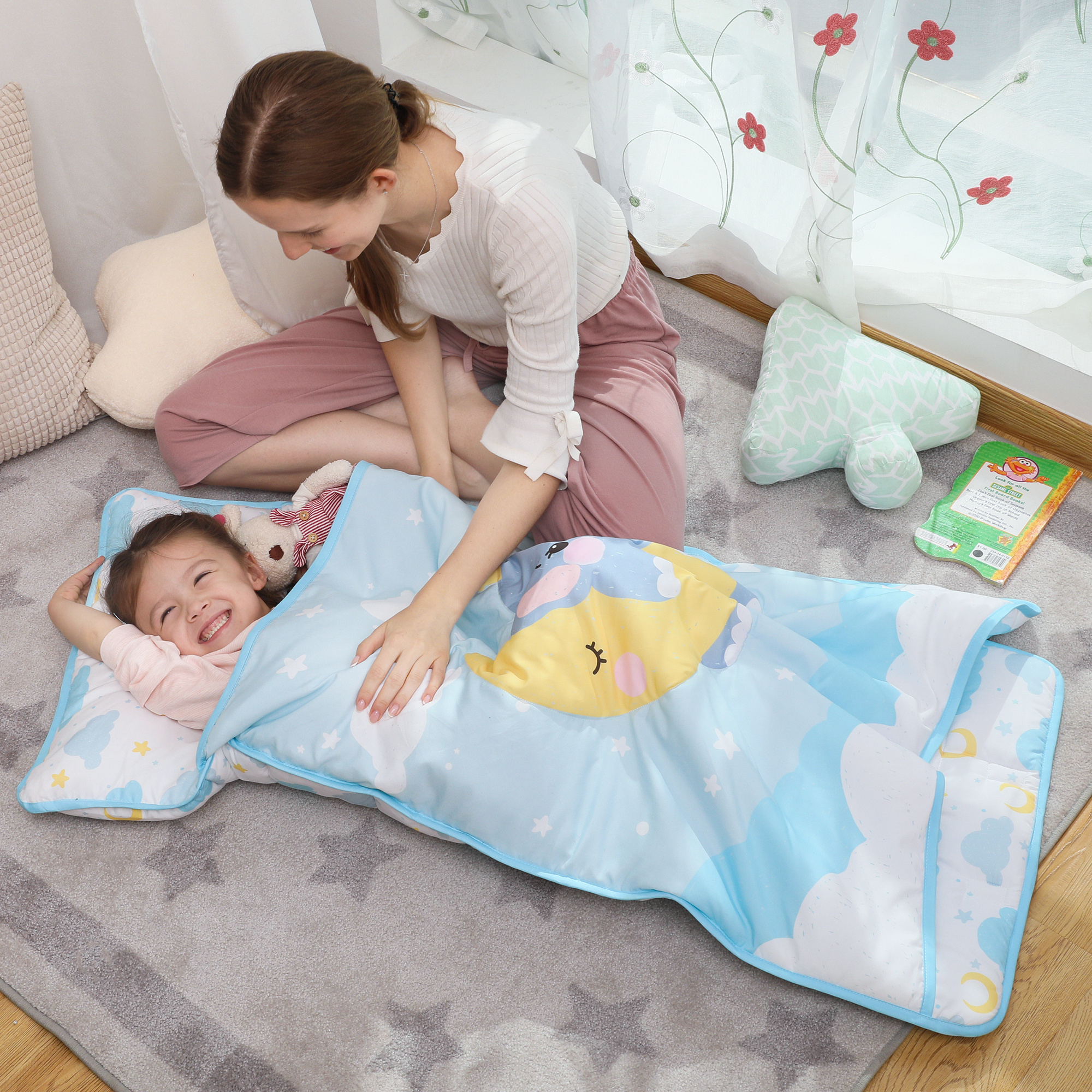 Unisex Elephant Kid Sleeping Mat Removable Pillow Cartoon Toddler Nap Mat for Daycare and Preschool