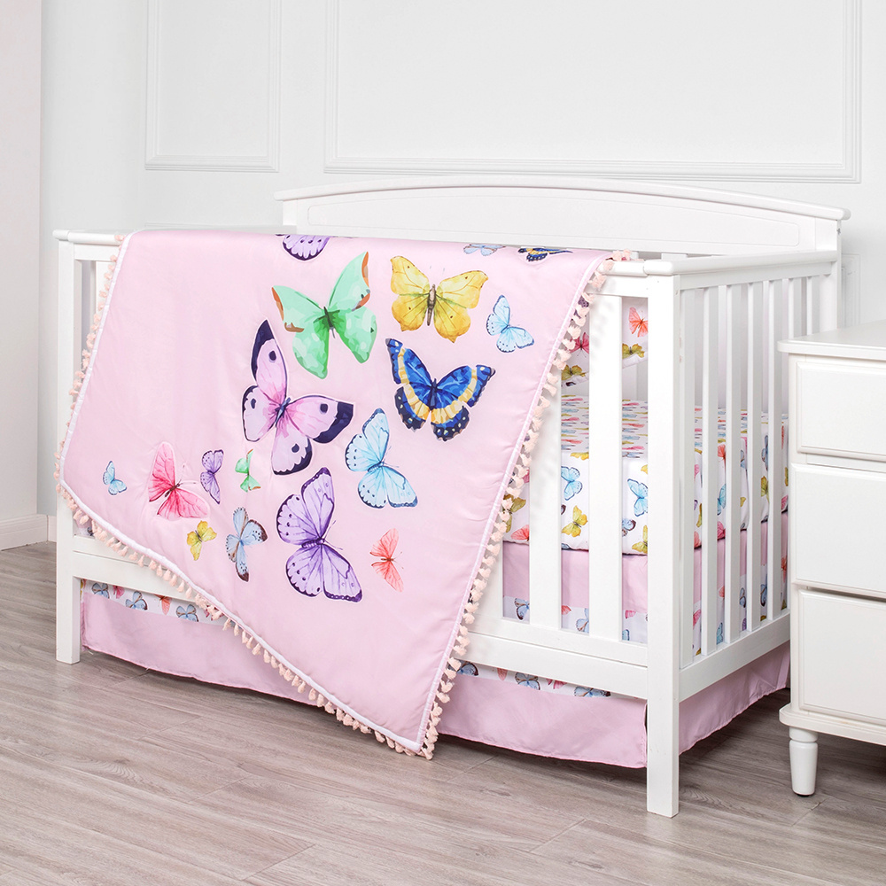 Cartoon Animal Purple Butterfly Baby Cot Sets Cotton Baby Girl Crib Bedding Set