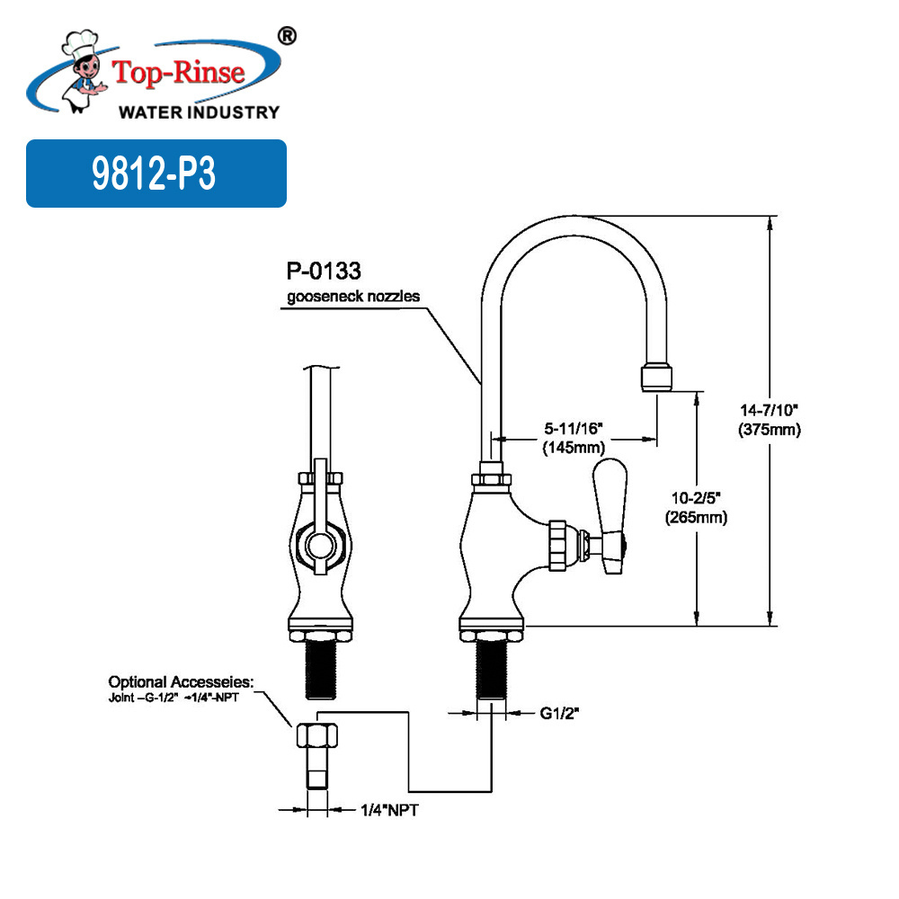 9812-P3 Deck Mount Single Hole Single Lever handle Brass Gooseneck Swivel Sink Kitchen Faucets