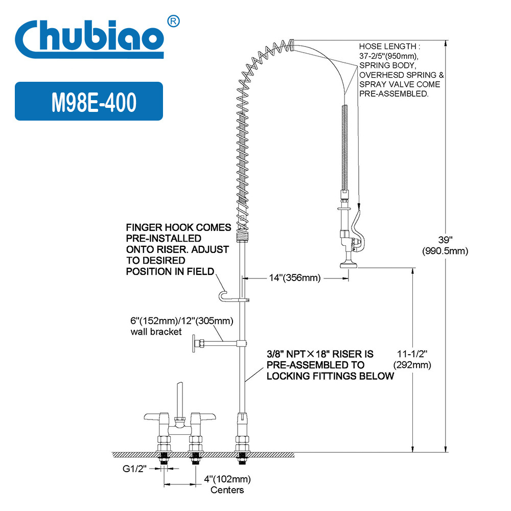 Double Hole Deck Kitchen Mixer Faucet with Sink Spray Head 39 Inch High Pressure Commercial Pre Rinse Faucet Taps