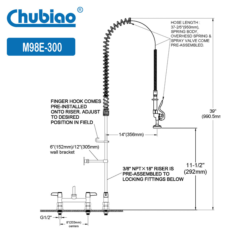 Polished Kitchen Tap Dual Handle Pull Out M98E-300 Deck Mounted Industrial Pre Rinse Brass Faucet