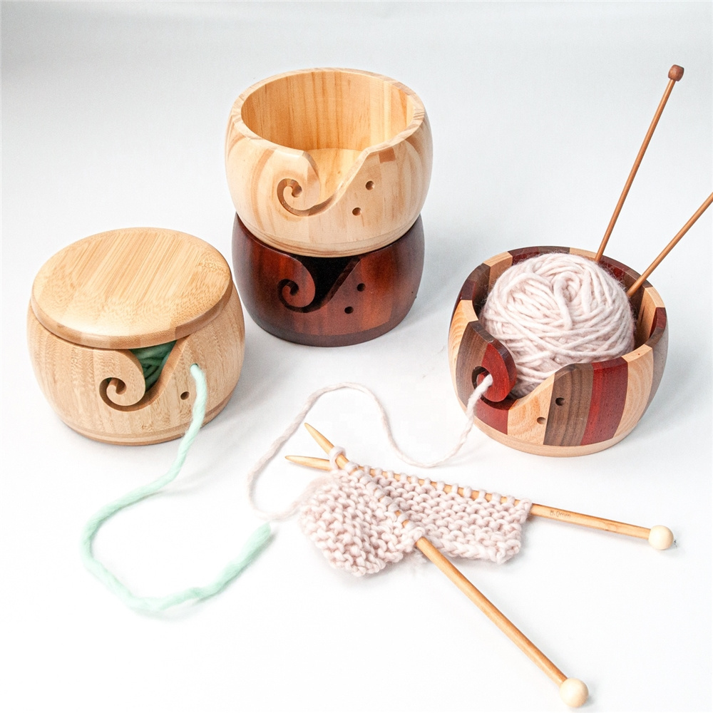 Wooden Knitting Yarn Bowls with Holes Crochet Bowl Holder Handmade Yarn Storage Bowl for DIY Knitting Crocheting