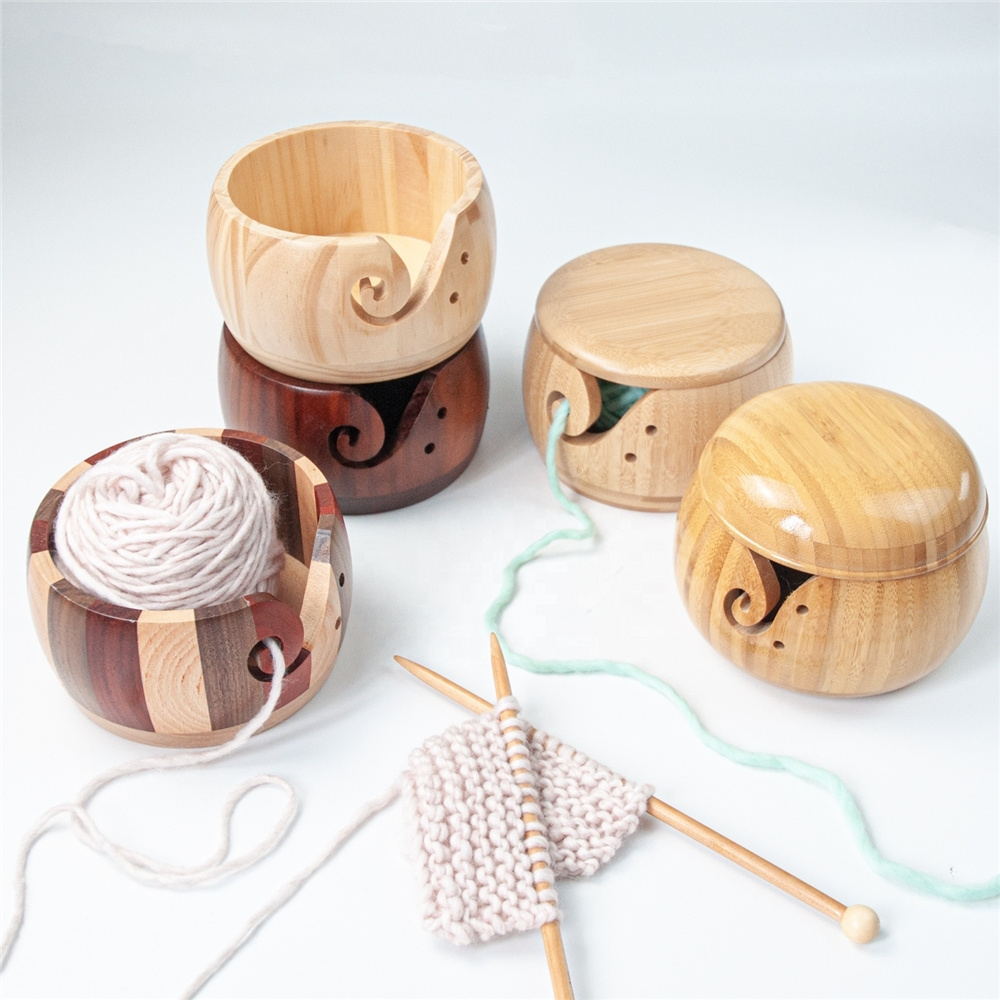 Wooden Knitting Yarn Bowls with Holes Crochet Bowl Holder Handmade Yarn Storage Bowl for DIY Knitting Crocheting