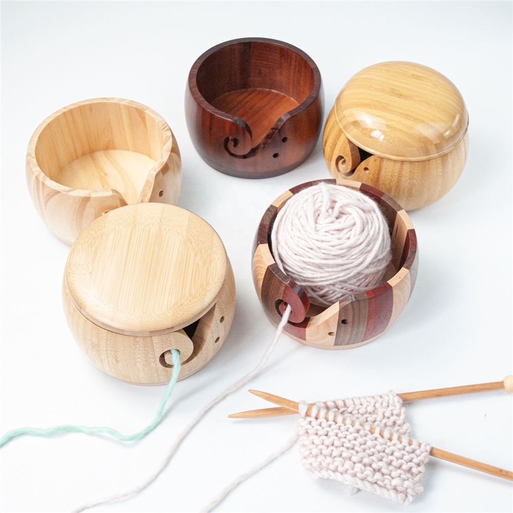 Wooden Knitting Yarn Bowls with Holes Crochet Bowl Holder Handmade Yarn Storage Bowl for DIY Knitting Crocheting