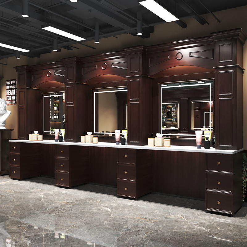 Factory Direct Wood Led Lights Styling Makeup Hairdressing Beauty Hair Barber Salon Mirror Station with table