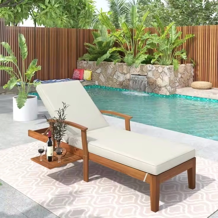 Teak Wood Garden Outdoor Sunbed Resort Leisure Hotel Swimming Pool Sun Lounger Lounge Beach Recliner Chair with Cushions