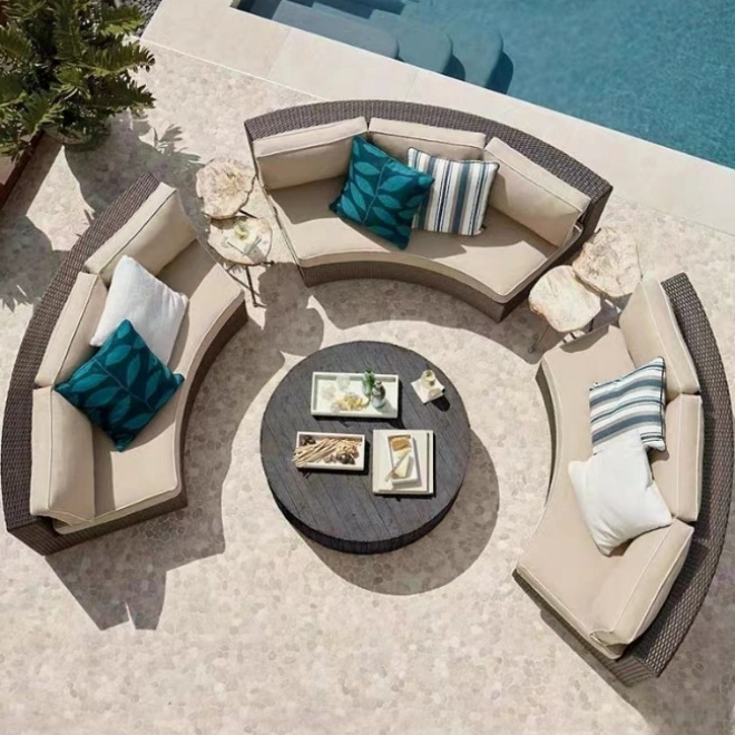 Extra large sectional curved Waterproof outdoor rattan furniture set round wicker garden sofa