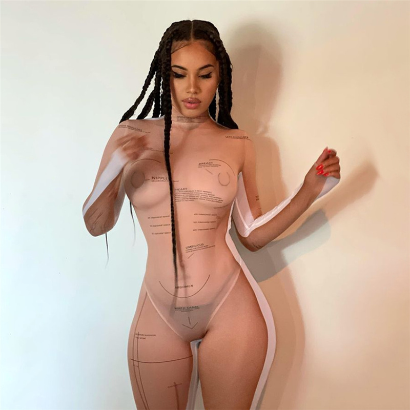 Wholesale Custom Women Sexy Yoga Set mesh perspective printed high waist tight casual outdoor sports Jumpsuit wholesale clothes