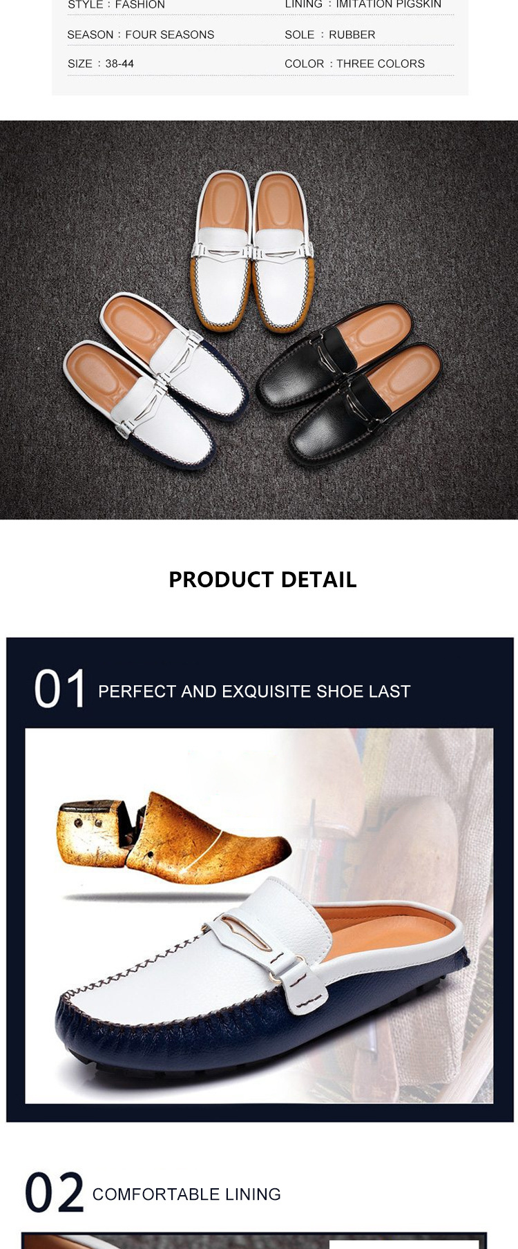 Summer Casual Luxury Half Slipper Slip-On men office shoes fashion genuine leather driving white dress shoes for men